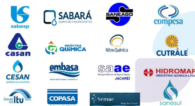 Logotipos de clientes atendidos pela Clorando, incluindo empresas de saneamento e indústrias químicas